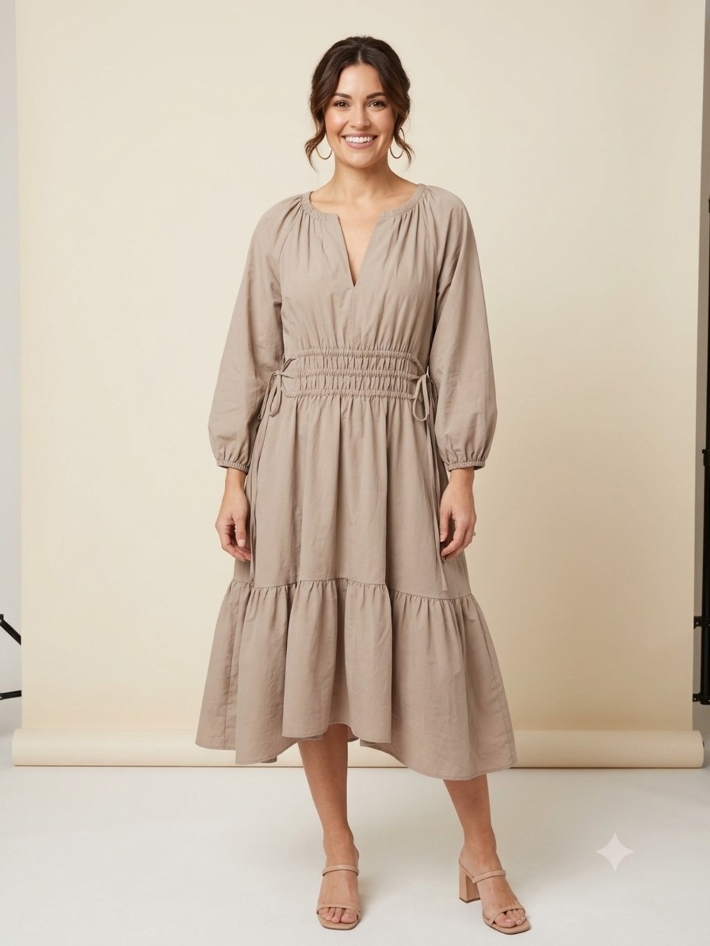 Calvin Klein Taupe Smocked-Waist Midi Dress